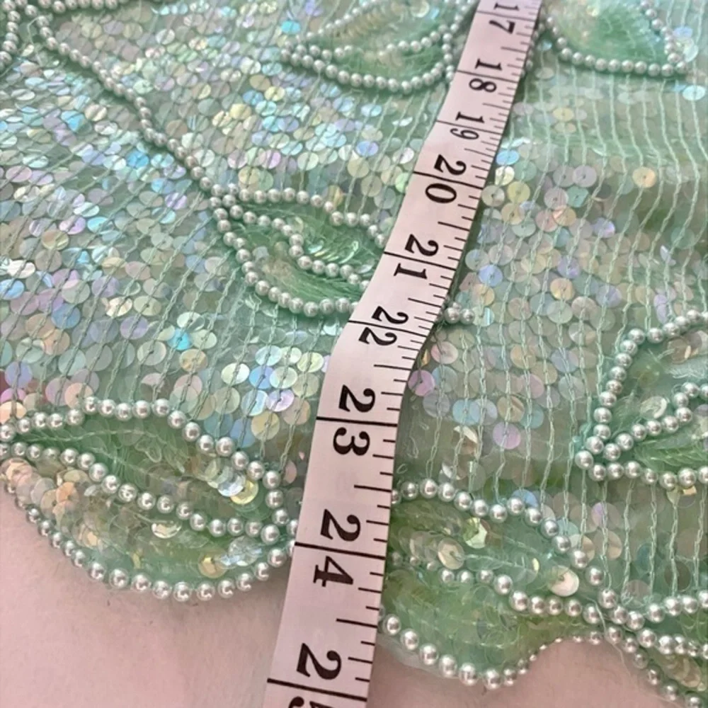 Scala Vintage Fully Sequined Mint Green Short Sleeve Top with Pearl‎ Accents - Picture 12 of 13